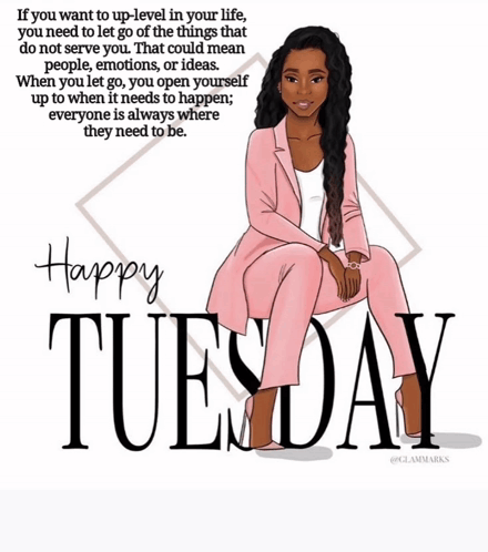 A Happy Tuesday Poster With A Woman In A Pink Suit GIF