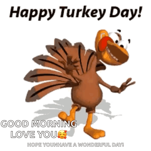 A Happy Turkey Day Greeting Card With A Cartoon Turkey GIF