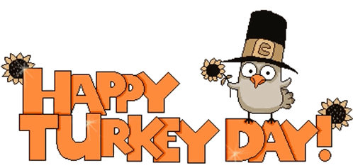 A Happy Turkey Day Sign With An Owl In A Pilgrim Hat Holding Sunflowers GIF