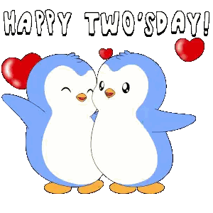 a happy two 's day greeting card with two penguins and hearts
