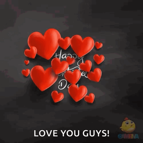 A Happy Valentine 'S Day Card With Red Hearts On A Black Background GIF