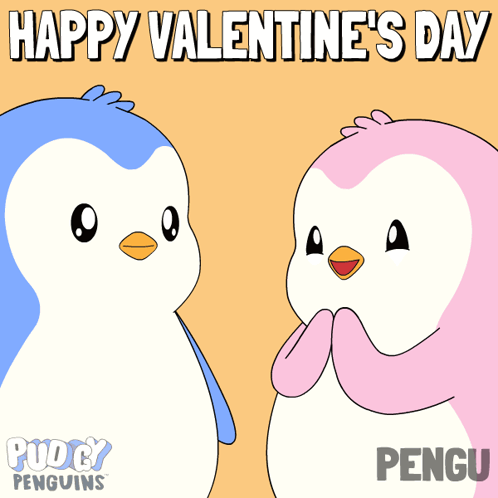 A Happy Valentine 'S Day Card With Two Penguins Holding A Rose GIF