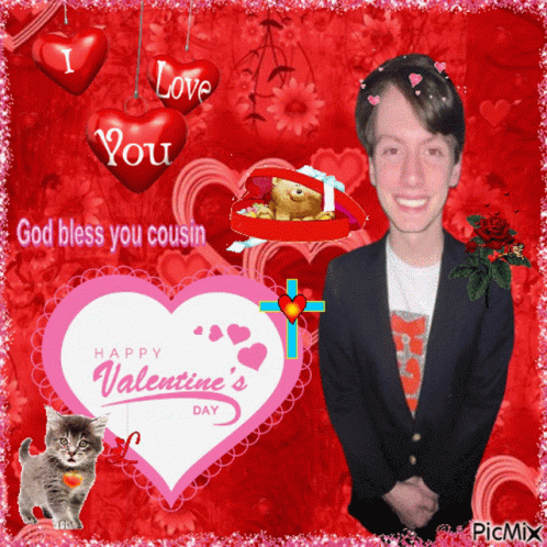 A Happy Valentine 'S Day Greeting Card With A Boy And A Cat GIF