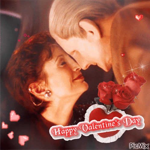 a happy valentine 's day greeting card with a couple kissing