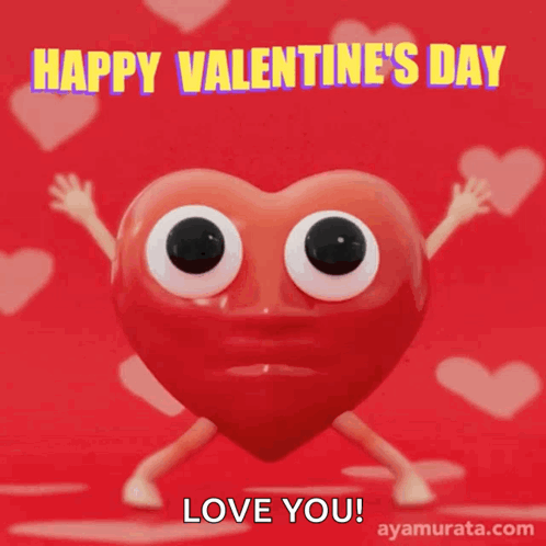 A Happy Valentine 'S Day Greeting Card With A Heart With Eyes And Arms GIF