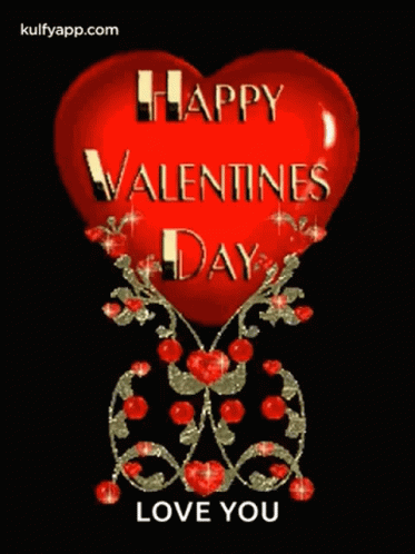 A Happy Valentine 'S Day Greeting Card With A Red Heart And Roses On A Black Background . GIF