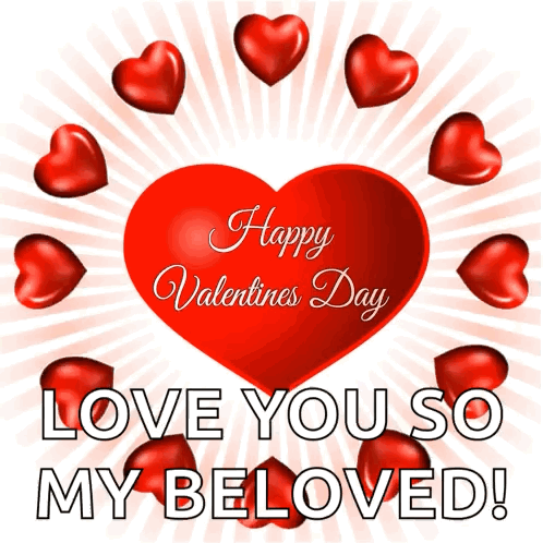 A Happy Valentine 'S Day Greeting Card With Red Hearts Around A Red Heart GIF