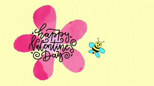 A Happy Valentine 'S Day Greeting With A Pink Flower And A Bee GIF