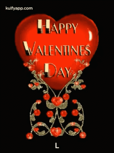 A Happy Valentine 'S Day Greeting With A Red Heart On A Black Background GIF