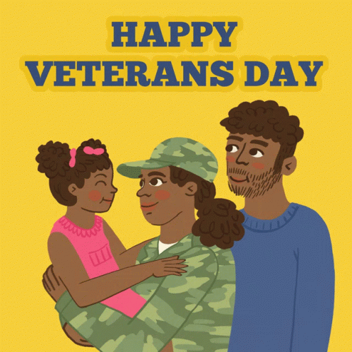 A Happy Veterans Day Greeting Card With A Man And Woman Holding A Child GIF