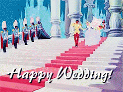A Happy Wedding Card With Cinderella And Prince Charming On The Stairs GIF