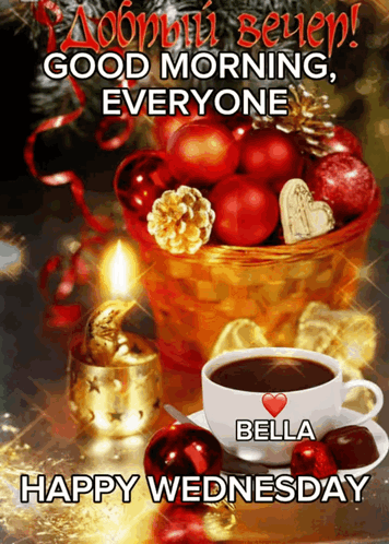 A Happy Wednesday Card With A Cup Of Coffee And A Basket Of Christmas Balls GIF