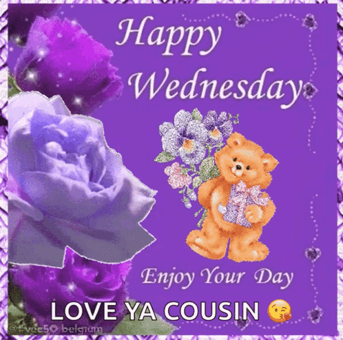 A Happy Wednesday Card With Purple Roses And A Teddy Bear Holding A Bouquet Of Flowers GIF