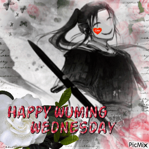 a happy wednesday greeting card with a drawing of a woman holding a knife