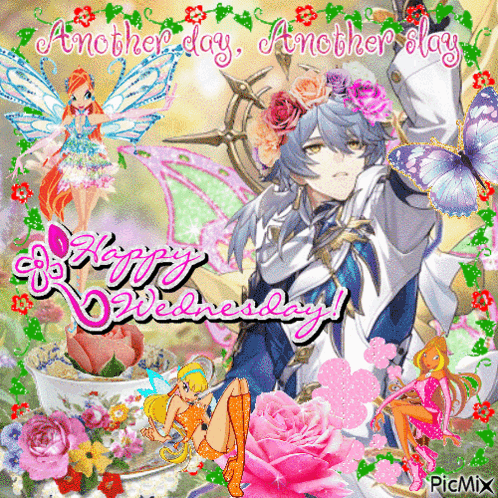 A Happy Wednesday Greeting Card With Flowers And A Boy GIF