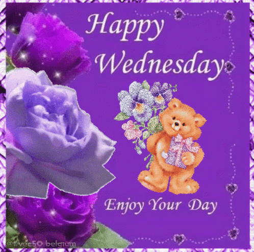 A Happy Wednesday Greeting Card With Purple Flowers And A Teddy Bear GIF