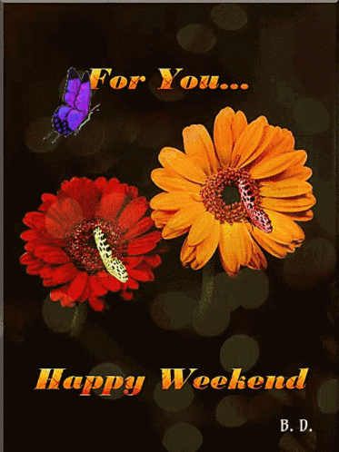 A Happy Weekend Greeting Card With A Butterfly And Flowers GIF