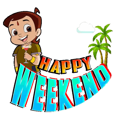 a happy weekend sign with a cartoon character holding a glass