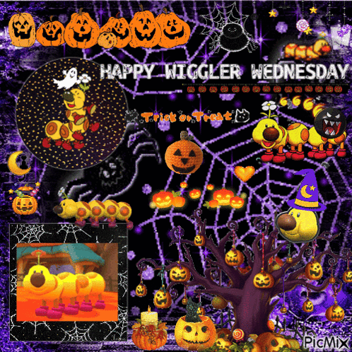 A Happy Wiggler Wednesday Greeting With A Spider Web And Pumpkins GIF