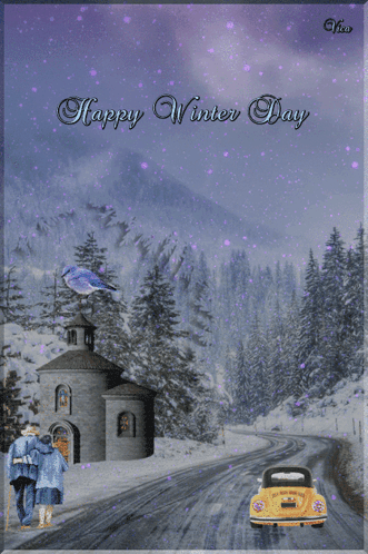 A Happy Winter Day Greeting Card With A Couple Walking In The Snow GIF