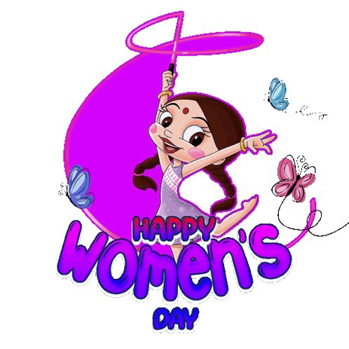 A Happy Women 'S Day Greeting Card With A Cartoon Girl On It GIF
