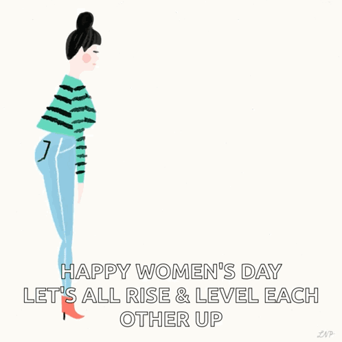 A Happy Women 'S Day Greeting Card With Two Women Standing Next To Each Other GIF