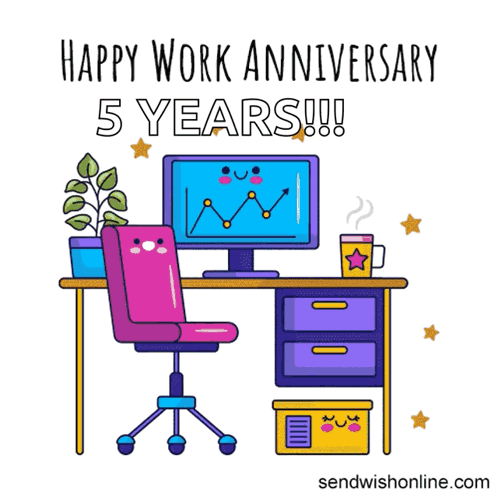 A Happy Work Anniversary 5 Years Greeting Card With A Desk Chair And Computer GIF