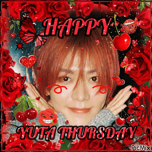 A Happy Yuta Thursday Greeting Card With Roses And Cherries GIF