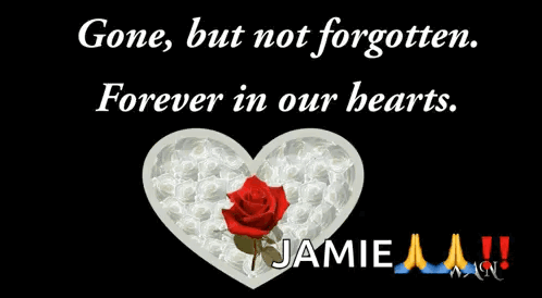 A Heart Filled With White Roses And A Red Rose With The Name Jamie Below It GIF