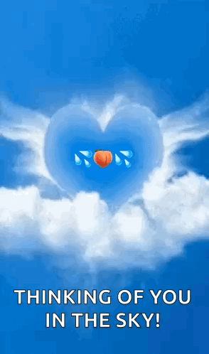 A Heart Shaped Cloud With A Peach Inside Of It And The Words `` Thinking Of You In The Sky ! '' GIF