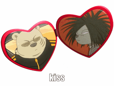 A Heart Shaped Mirror With A Picture Of A Bear And A Picture Of A Hedgehog With The Word Kiss Below Them GIF