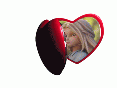 A Heart Shaped Mirror With Two Pictures Of Cartoon Characters GIF
