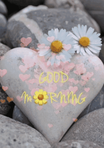 A Heart Shaped Rock Says Good Morning With Flowers On It GIF