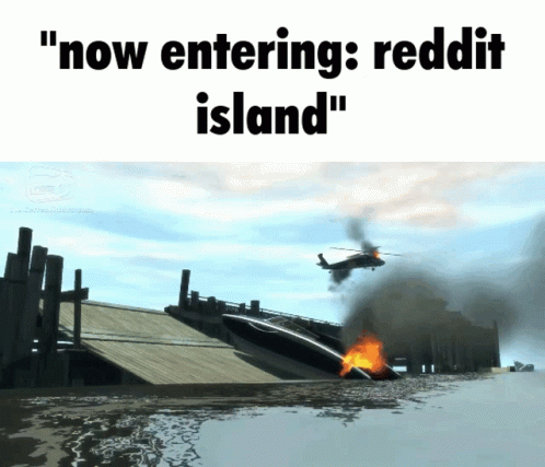 A Helicopter Is Flying Over A Burning Building With The Words " Now Entering Reddit Island " GIF