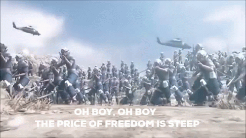 A Helicopter Is Flying Over A Large Group Of Soldiers With The Words Oh Boy Oh Boy The Price Of Freedom Is Steep Below T GIF