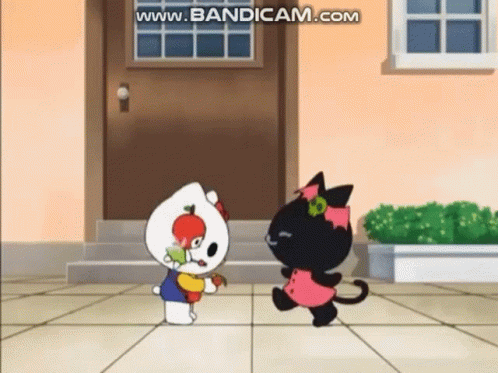 A Hello Kitty And A Black Cat Are Standing Next To Each Other On A Tiled Floor In Front Of A House . GIF
