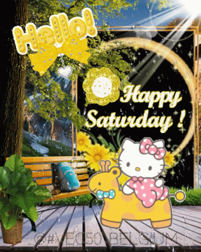 A Hello Kitty Card That Says Happy Saturday With A Yellow Horse GIF