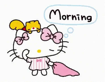 A Hello Kitty Cartoon With A Squirrel On Her Head And The Words Morning Written Above Her GIF