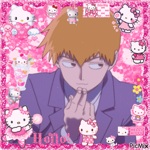 A Hello Kitty Collage With A Man In A Suit Giving The Middle Finger GIF