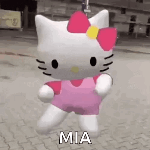 A Hello Kitty Doll Is Standing On A Sidewalk Wearing A Pink Dress And A Bow . GIF