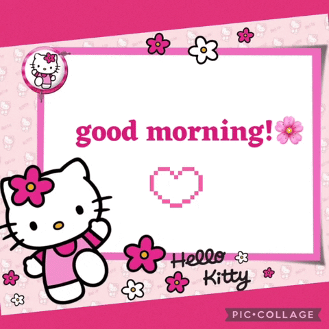 A Hello Kitty Greeting Card With Flowers And A Heart GIF
