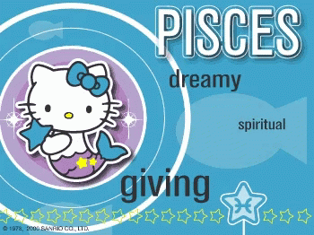 A Hello Kitty Poster With The Words Pisces Dreamy Spiritual And Giving GIF