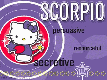 A Hello Kitty Sign That Says Scorpio With A Purple Background GIF