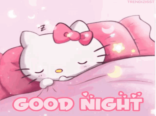 A Hello Kitty Sleeping On A Bed With The Words Good Night Written Below It GIF