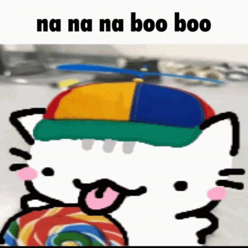 A Hello Kitty Wearing A Colorful Hat Is Holding A Lollipop GIF