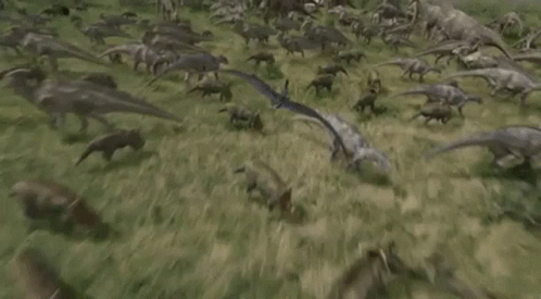 A Herd Of Dinosaurs Standing In A Grassy Field With A Bird Flying Overhead . GIF