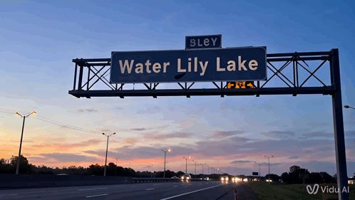 A Highway Sign That Says Water Lily Lake On It GIF