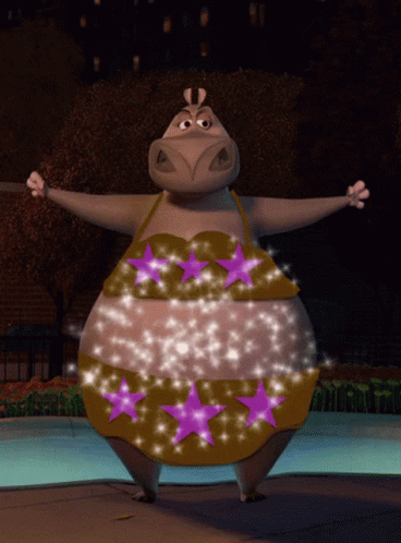 a hippopotamus in a bikini with purple stars