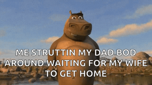 A Hippopotamus With The Words Me Struttin My Dad Bod Around Waiting For My Wife To Get Home On The Bottom GIF