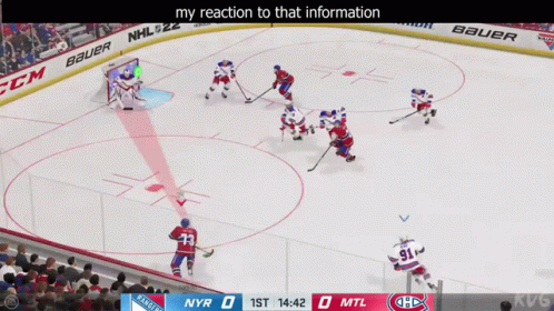 A Hockey Game Is Being Played Between The Nyr And Mtl Teams GIF